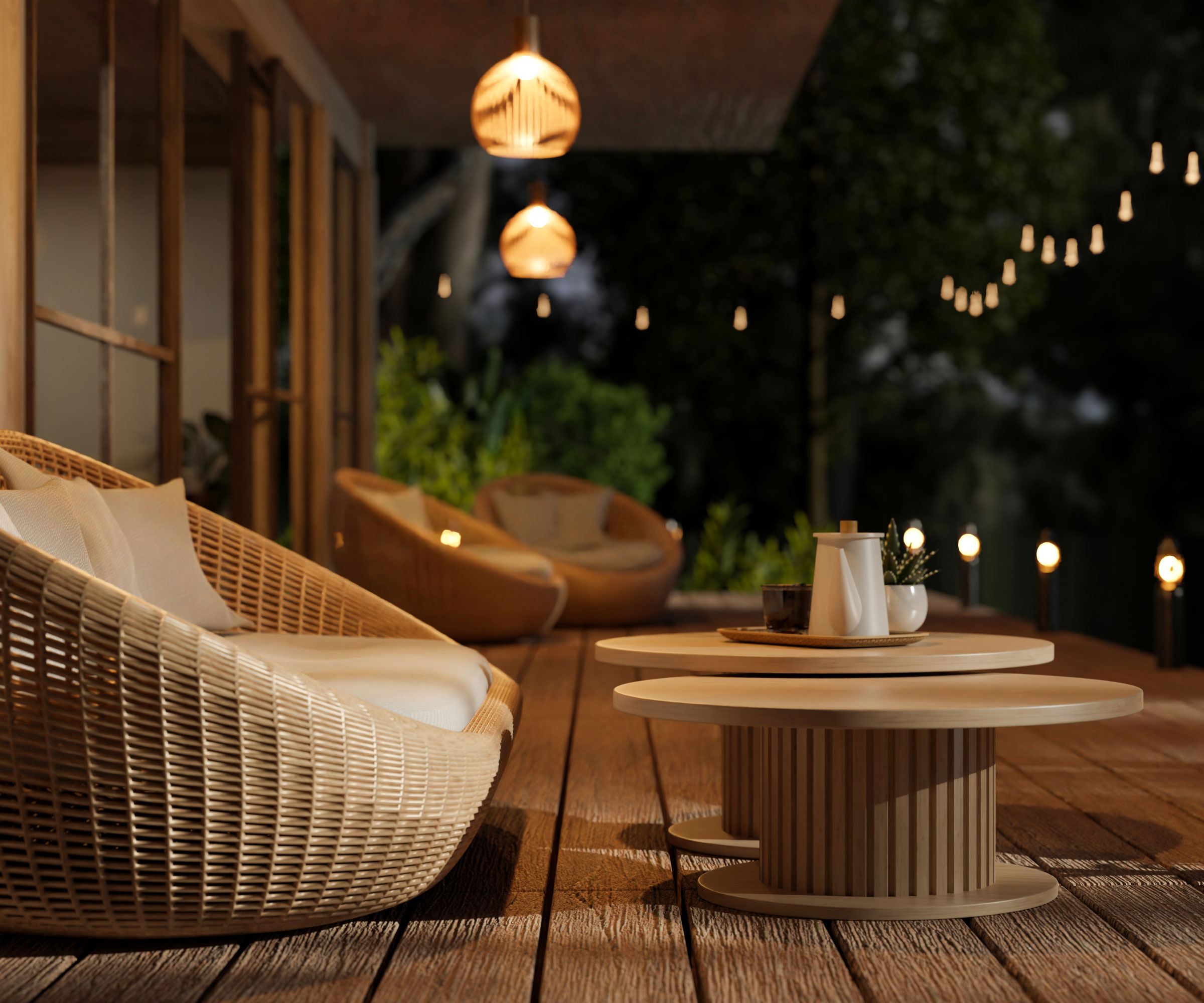 patio with garden furniture, lanterns, festoon lighting and overhead lights