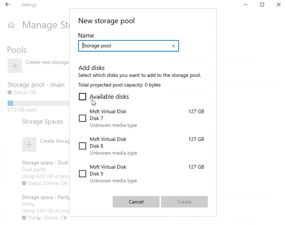 Settings app storage pool updates