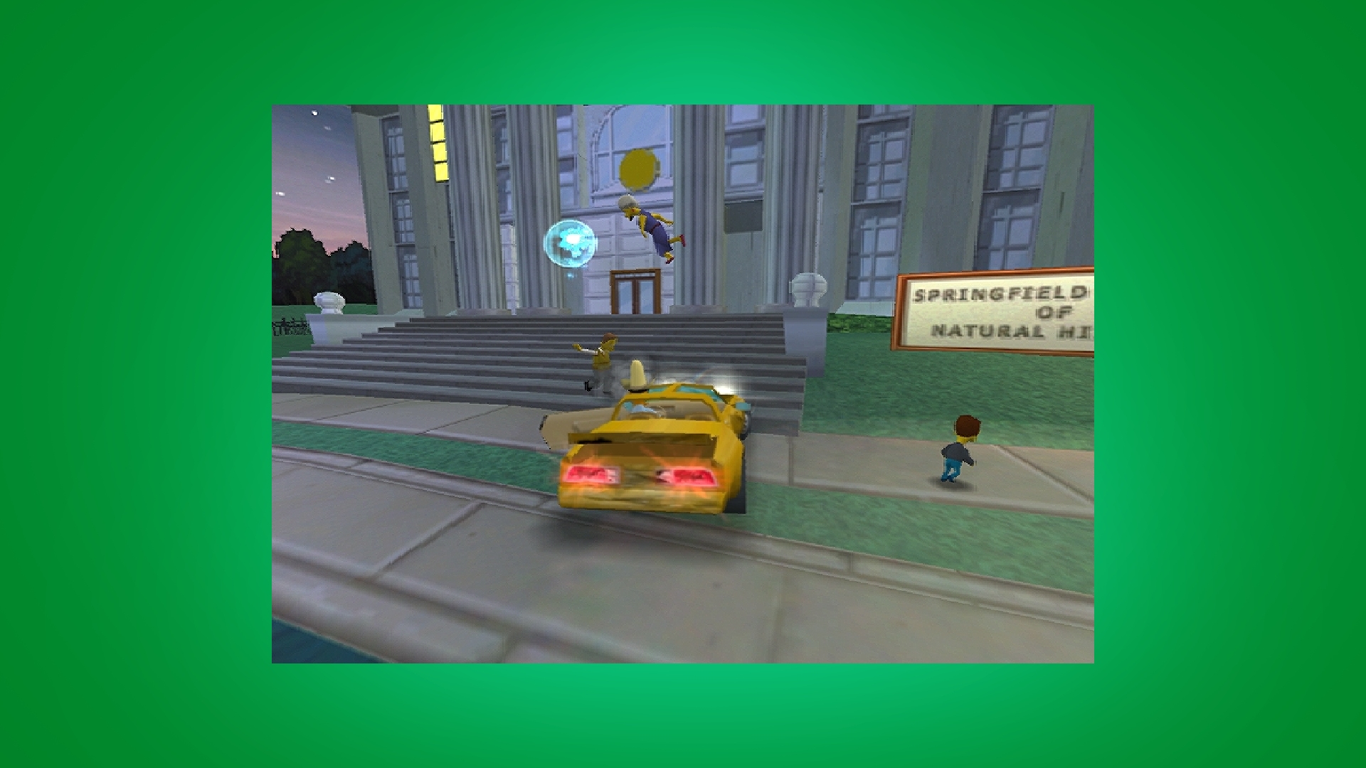 Apu driving a wrecked vehicle in The Simpsons Hit and Run