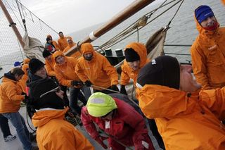 The Rabobank team on the North Sea during a pre-season training camp.