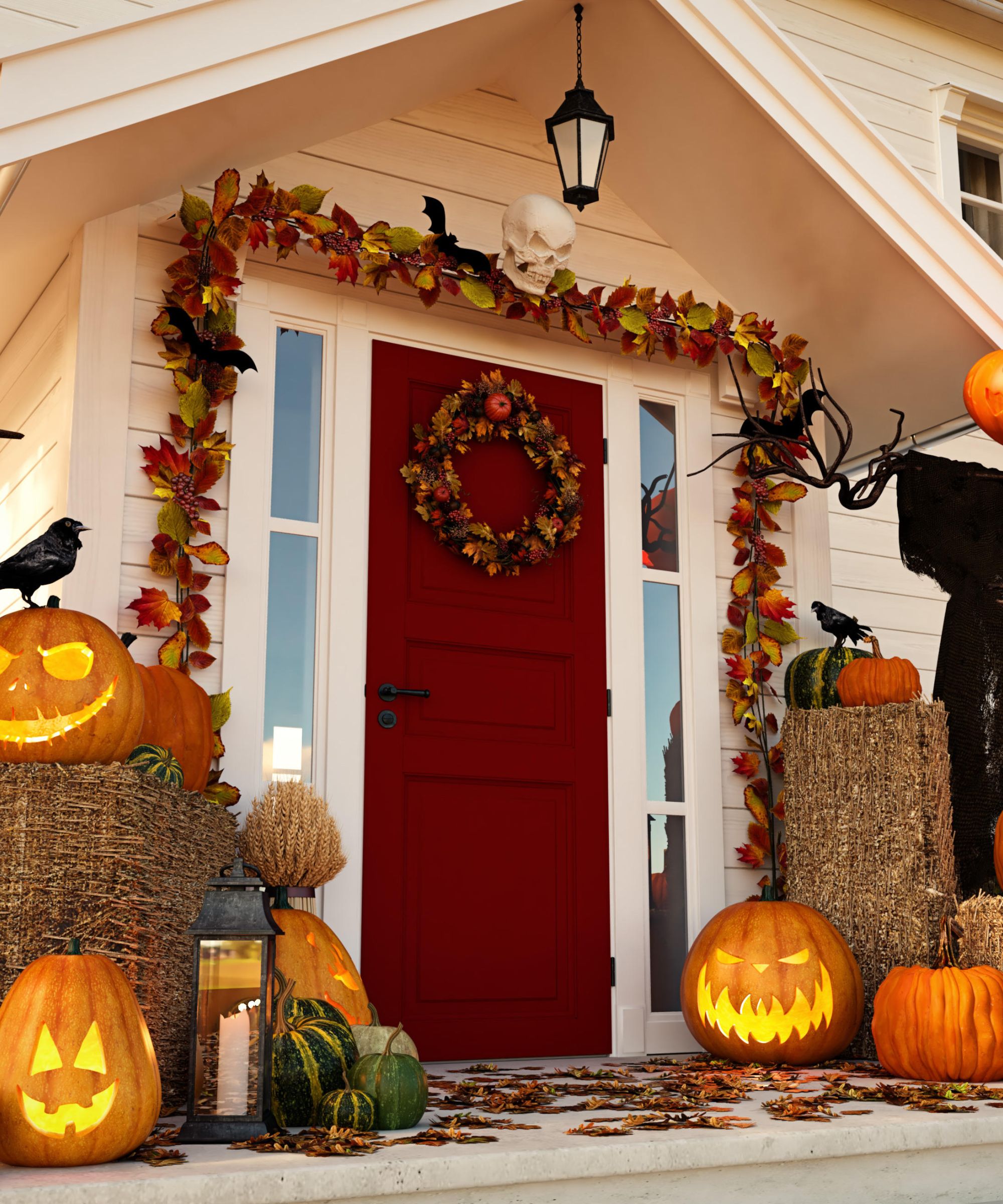 Large fake pumpkins lit up on a porch with a red front door.