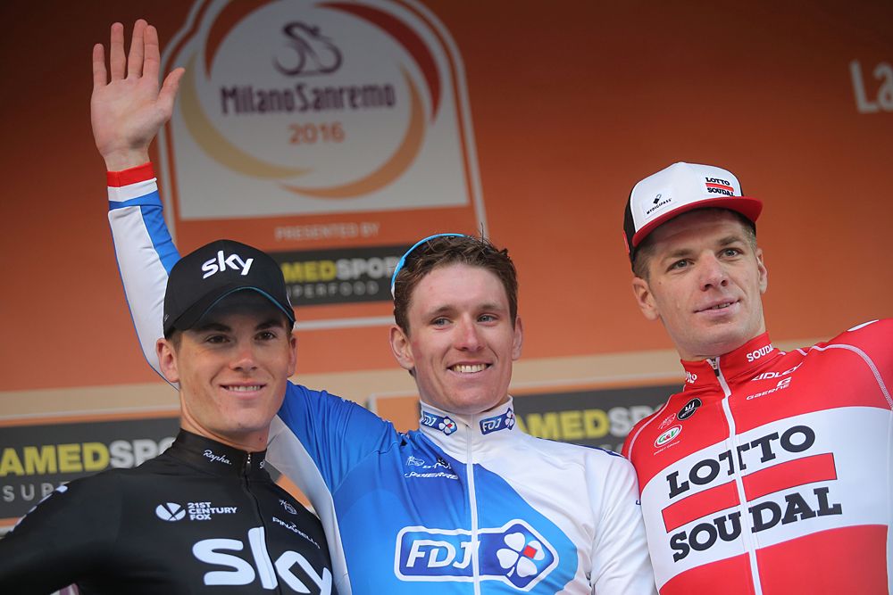 Ben Swift, Arnaud Demare and Jurgen Roelandts on the Milan-San Remo podium