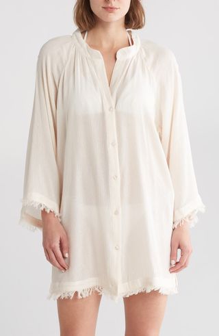 Button Front Frayed Hem Top