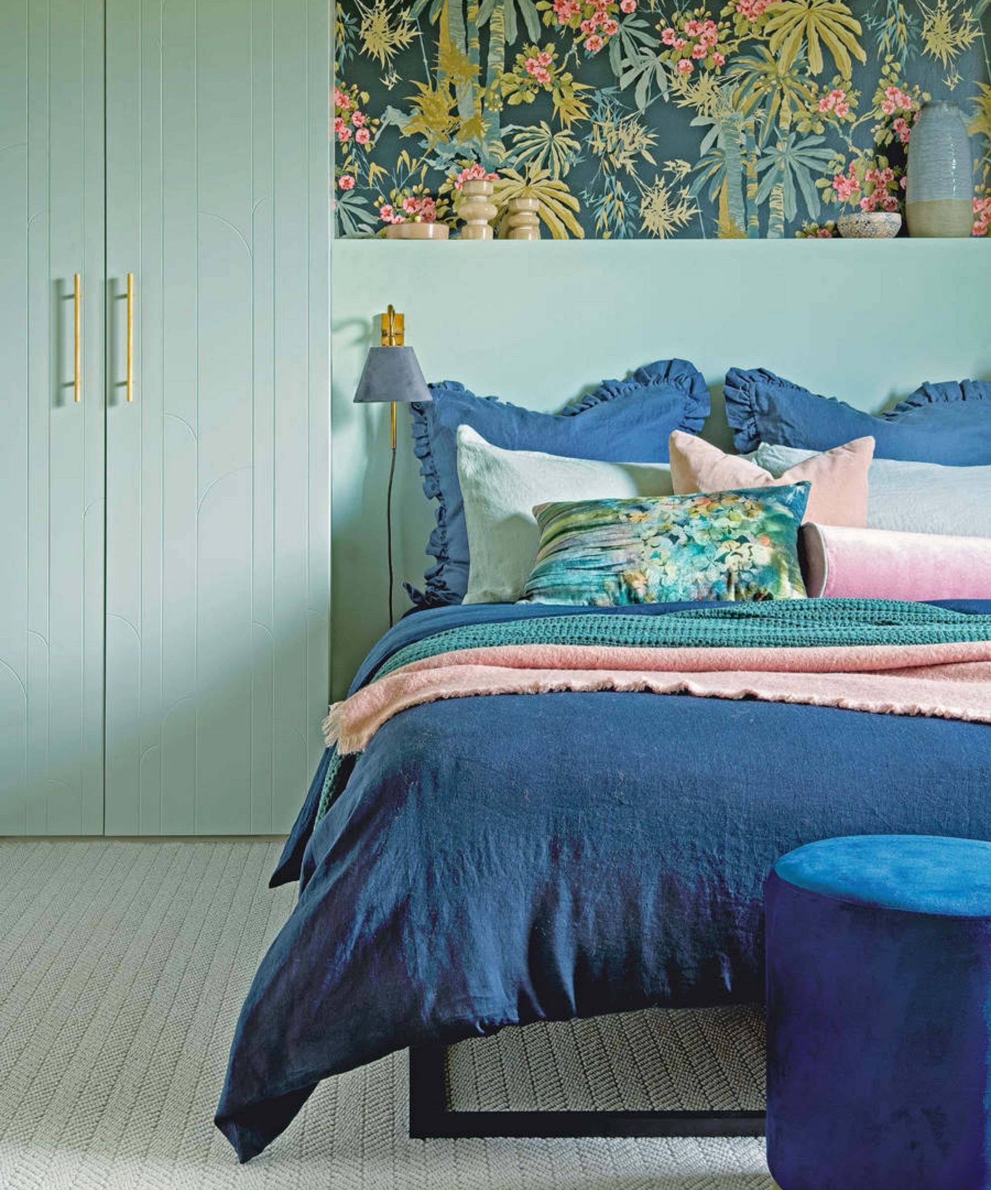 pastel green carpet in bedroom