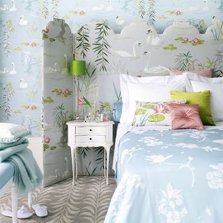 bedroom with floral wallpaper