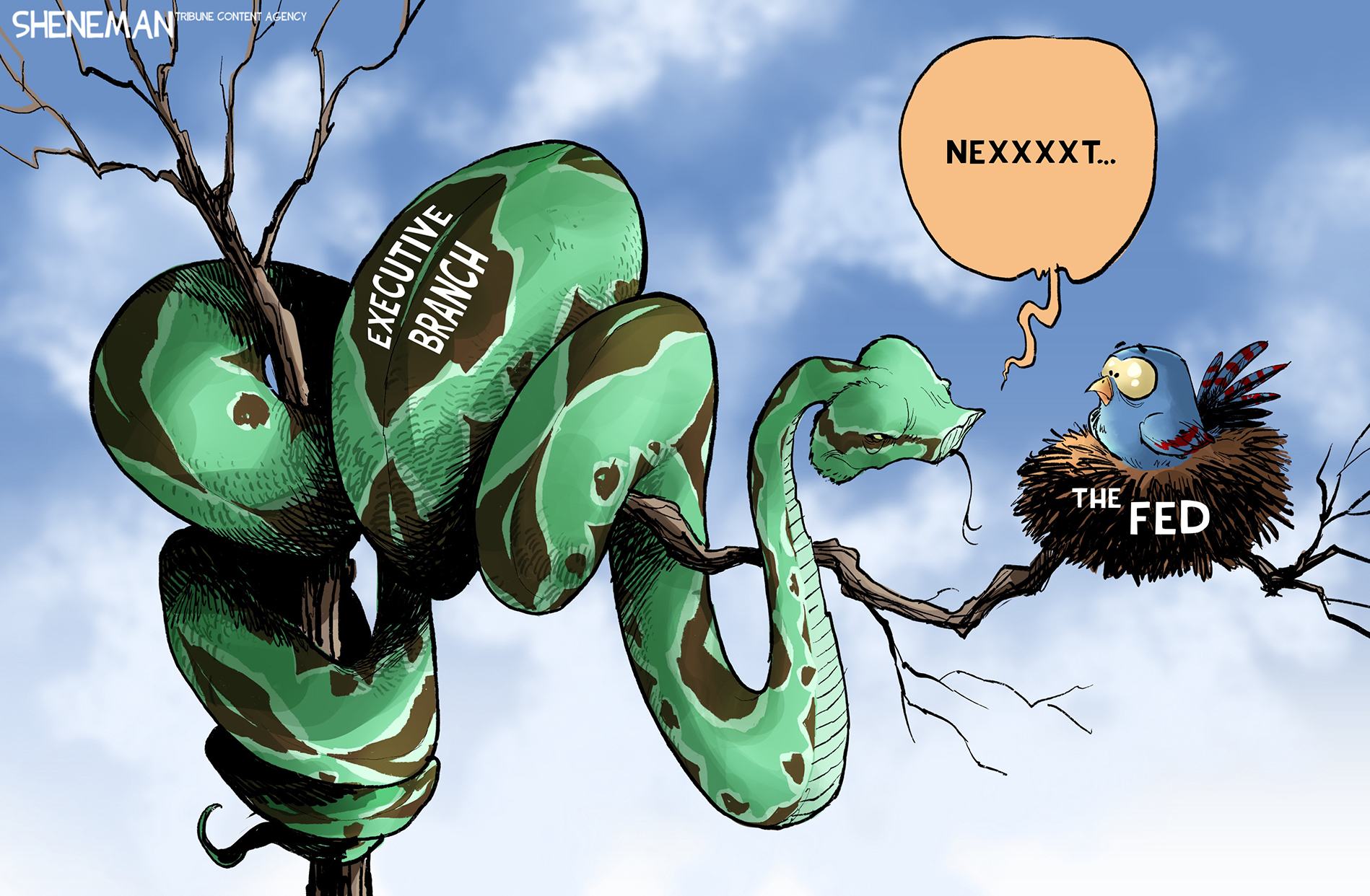 A fat, menacing snake is labeled &amp;ldquo;Executive Branch&amp;rdquo; and looks stuffed from recent feedings . It is curled around a tree branch. A scared-looking bird is in a nest labeled &amp;ldquo;The Fed.&amp;rdquo; The snake says with a forked tongue, &amp;ldquo;Nexxxt.&amp;rdquo;