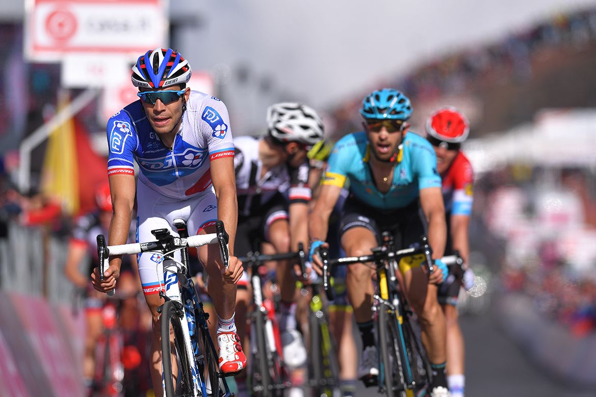 The GC contenders crossing the Mount Etna finish line on stage 4 of the Giro d'Italia