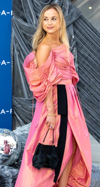 Lady Amelia Windsor's pink off-the-shoulder gown, London, 2023