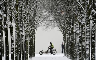 An image of a tree tunnel, at the end of which a cyclist rides a cargo bike through snow