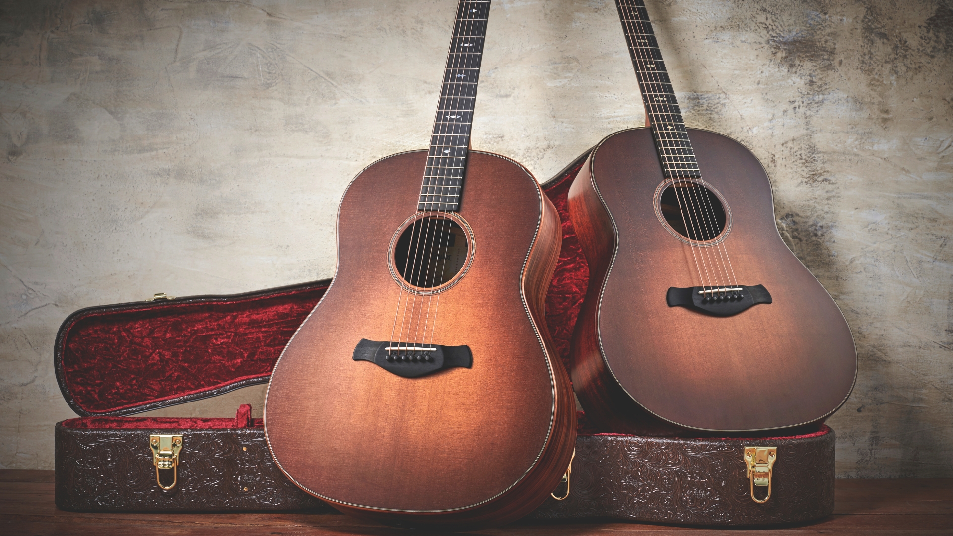 Two acoustic guitars sitting on top of a hard case