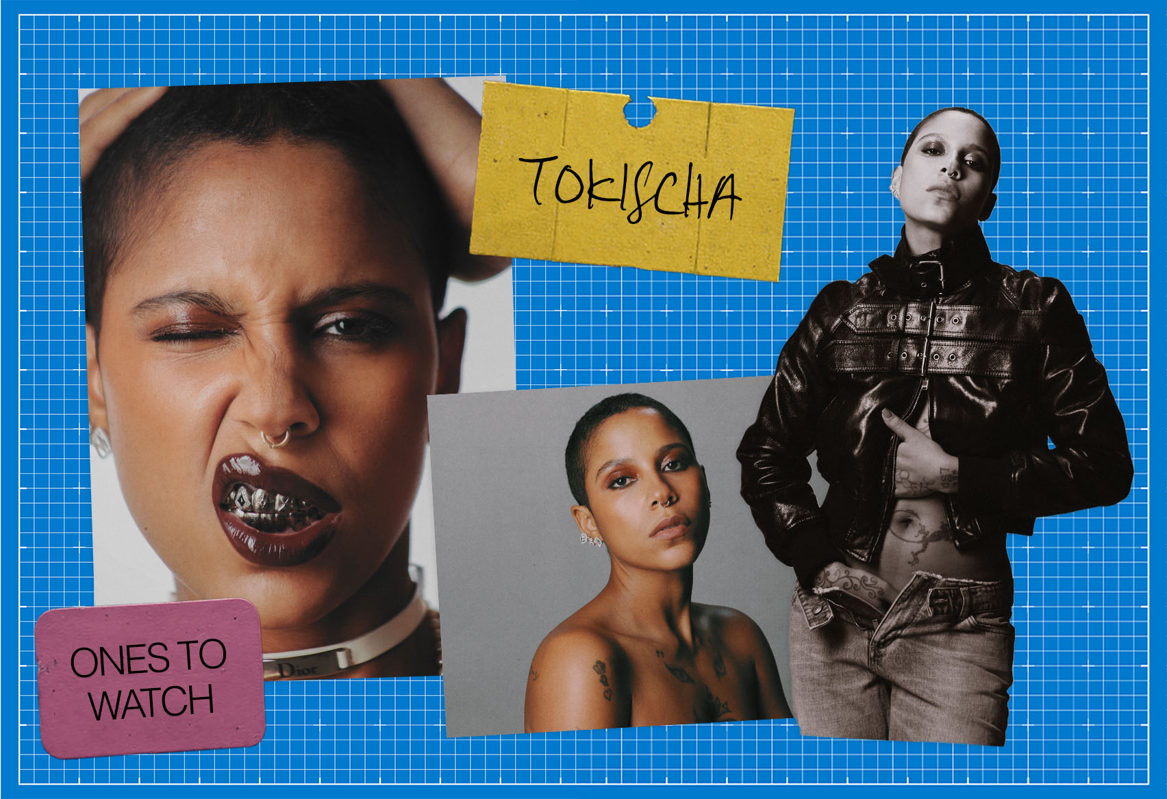 A slide featuring a collage of images of musician Tokischa on a blue background for our Ones to Watch in Music portfolio.