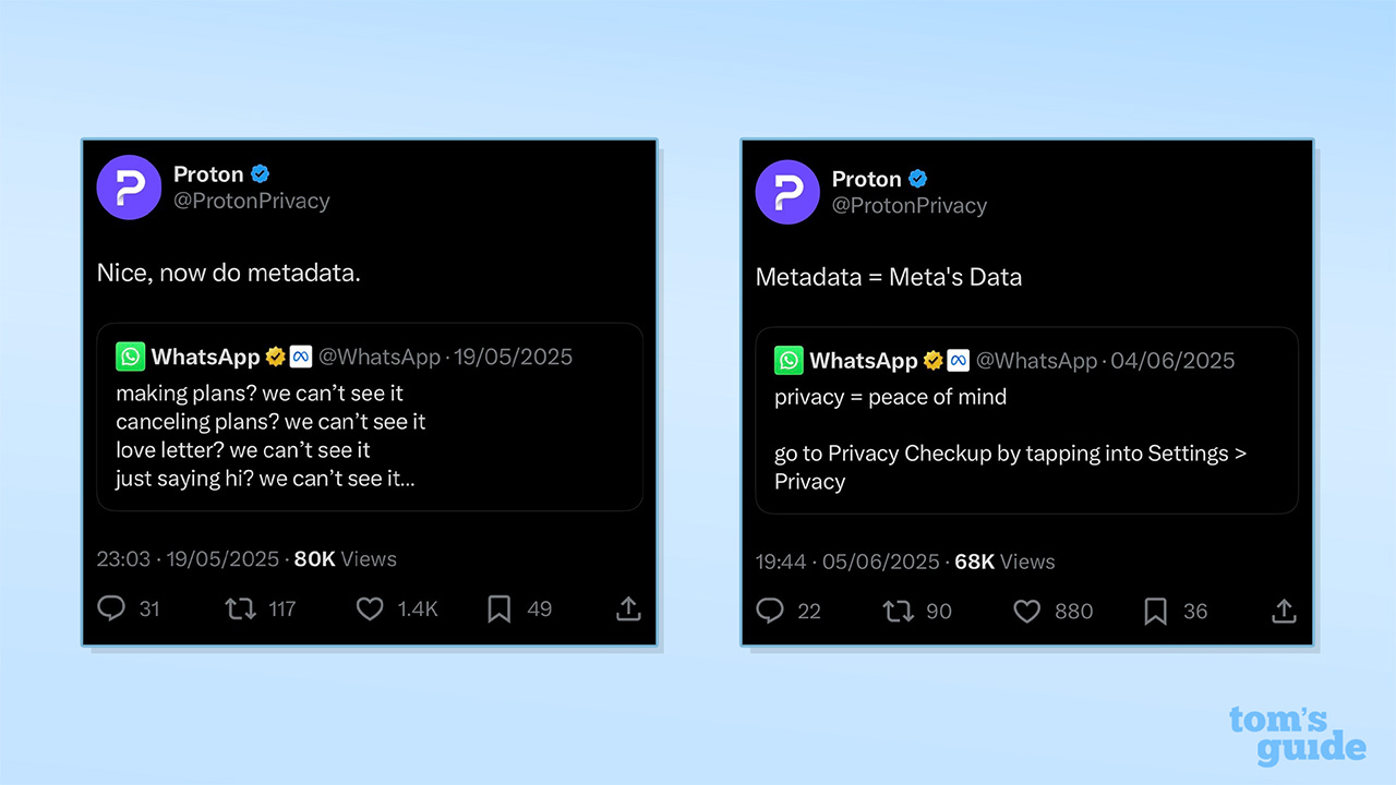 Screenshots of the Proton X account replying to WhatsApp's tweets