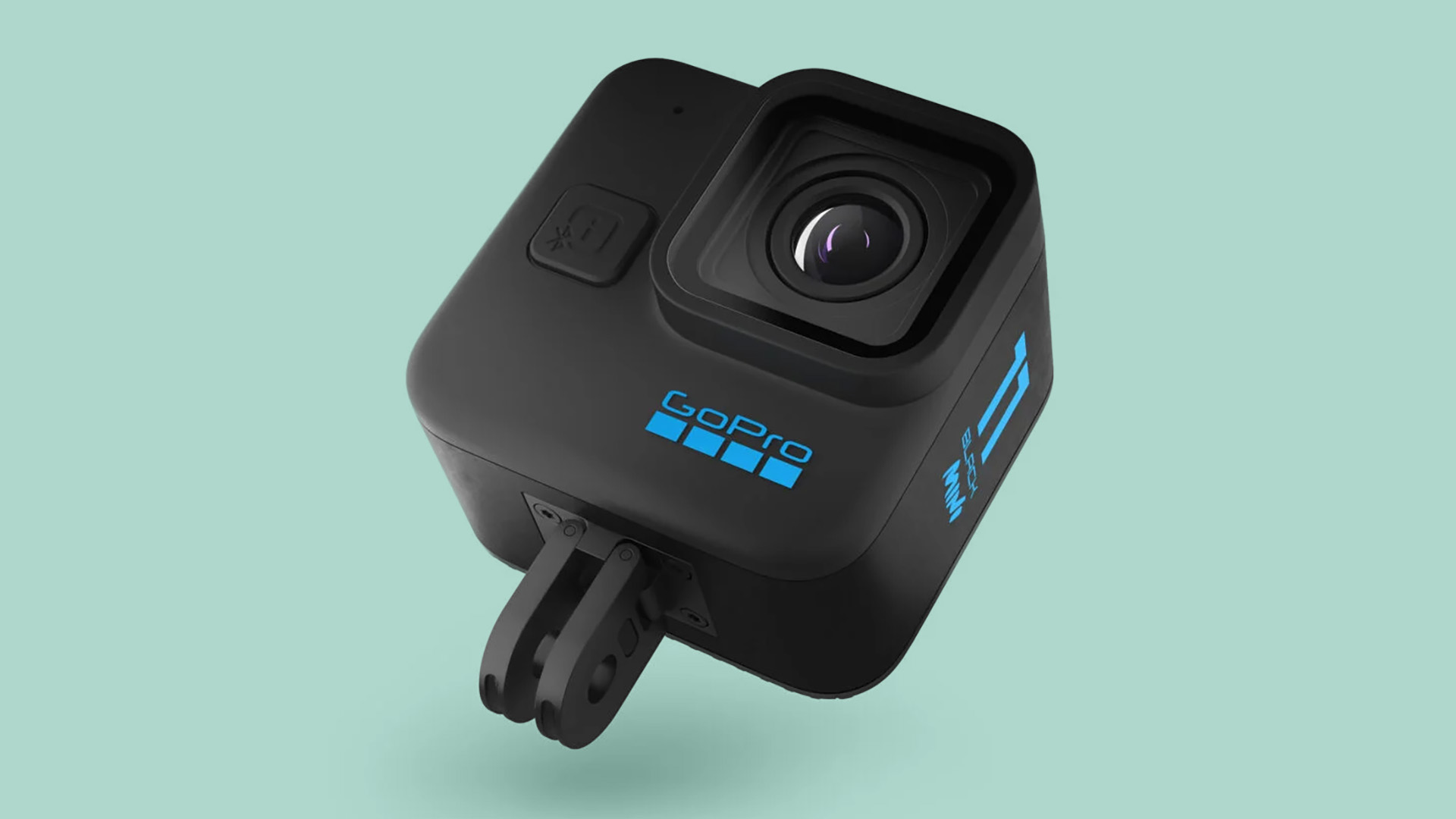En produktbild på en GoPro Hero 11 Black Mini som visas upp mot en mintgrön bakgrund.