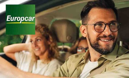 Europcar logo placed top left with a picture of a man and women in the front of a car