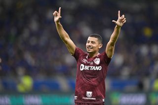 Andre of Fluminense celebrates the team's second goal scored by teammate German Cano (not in frame) during a match between Cruzeiro and Fluminense as part of Brasileirao 2023 at Mineirao Stadium on May 10, 2023 in Belo Horizonte, Brazil.