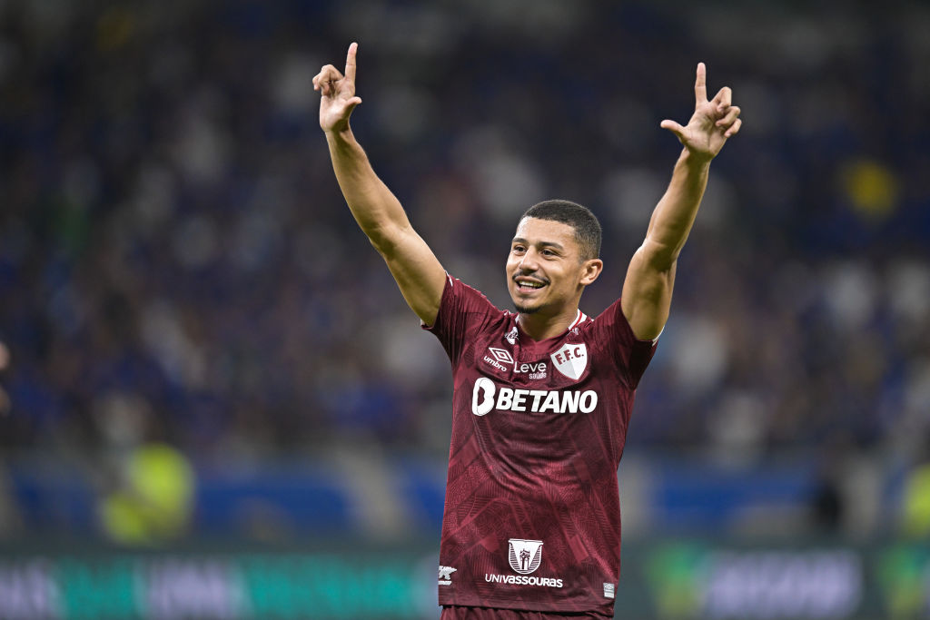  Andre of Fluminense celebrates the employees's 2d goal scored by teammate German Cano (not in body) during a match between Cruzeiro and Fluminense as section of Brasileirao 2023 at Mineirao Stadium on Would perhaps well also unprejudiced 10, 2023 in Belo Horizonte, Brazil.