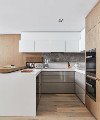 U-shaped kitchen ideas in a small wooden and white scheme with glossy white and gray cabinetry.
