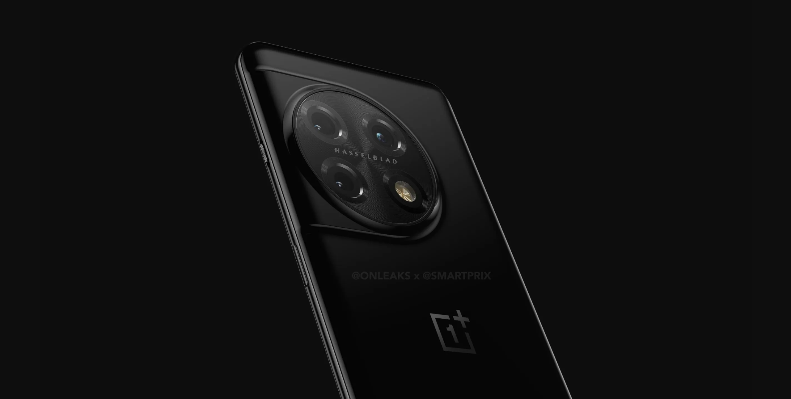 Ein angebliches Rendering des OnePlus 11 Pro in Schwarz auf einem dunkelgrauen Hintergrund