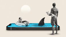 Photo composite illustration of a child swimming in a smartphone filled with water, while a shark approaches and a lifeguard looks on