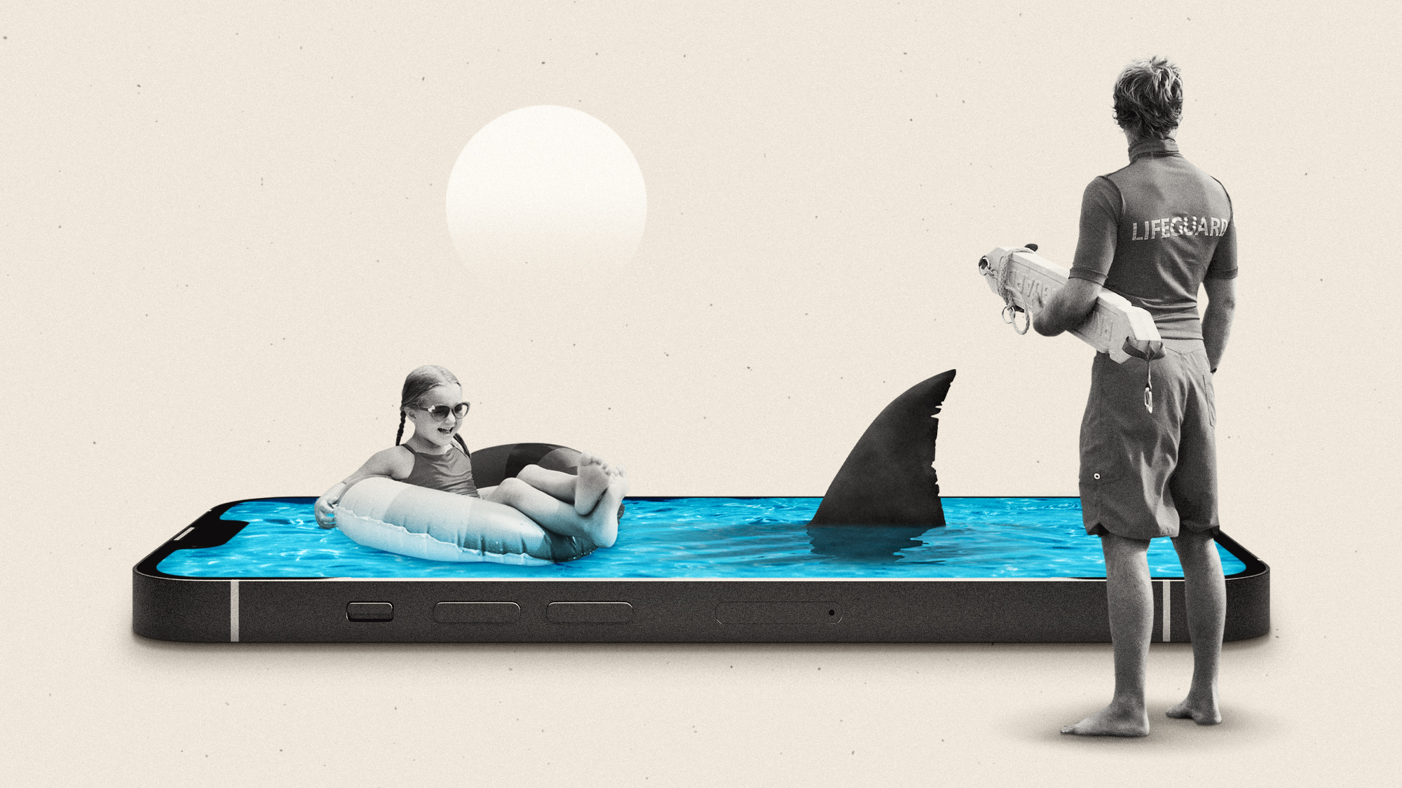 Photo composite illustration of a child swimming in a smartphone filled with water, while a shark approaches and a lifeguard looks on