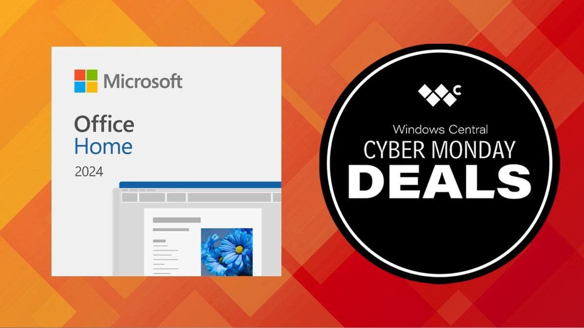 Microsoft Office 2024 logo with Cyber Monday deal graphic.