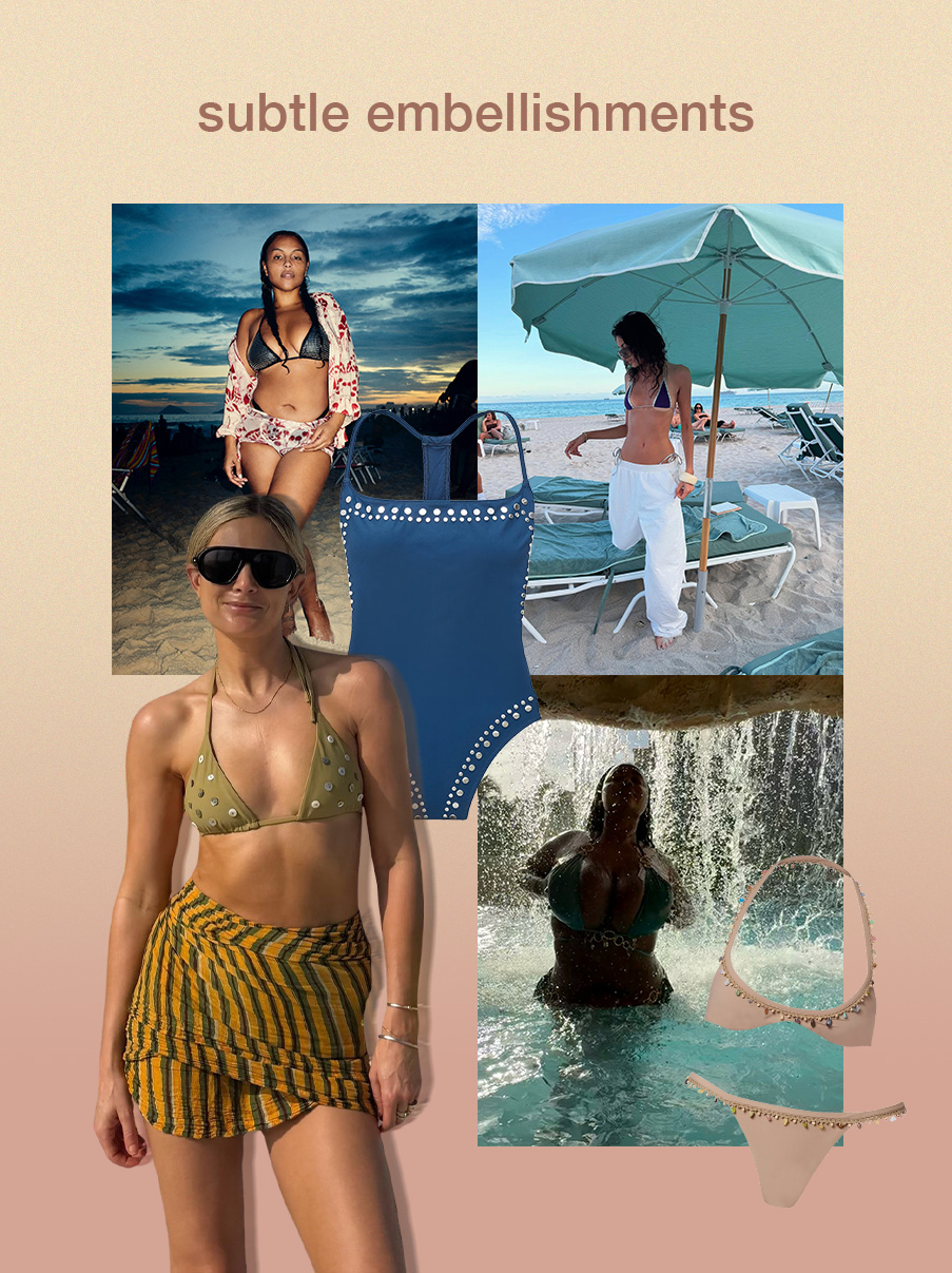 swimsuit trends for 2026: the trend 'subtle embellishments' with various women posing in bikinis, swimsuit coverups, and other various beach items