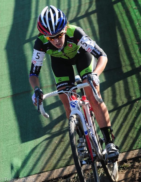 Kaitie Antonneau (Cannondale) riding alone in fourth place at the flyover