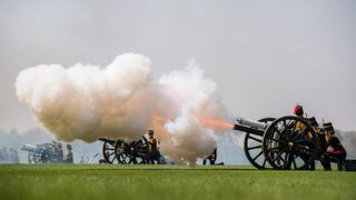 LONDON, ENGLAND - APRIL 21: A gun fires during a 41 Royal gun salute to mark the 92nd birthday of Queen Elizabeth II at Hyde Park on April 21, 2018 in London, England. The King's Troop Royal Horse Artillery rode out in the park with 71 horses pulling six First World War-era 13 pounder Field Guns. The Queen's actual birthday is on April 21 with her official birthday being marked with The Queen's Birthday Parade, known as Trooping the Colour, in June. (Photo by Chris J Ratcliffe/Getty Images)