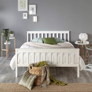 Aspire Beds Atlantic Solid Wood Shaker Bed in white in grey bedroom 