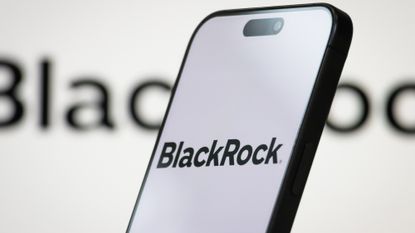 The BlackRock logo is displayed on a smartphone screen, with the company's branding and the BlackRock name clearly visible in the background on April 6, 2025, in Chongqing, China