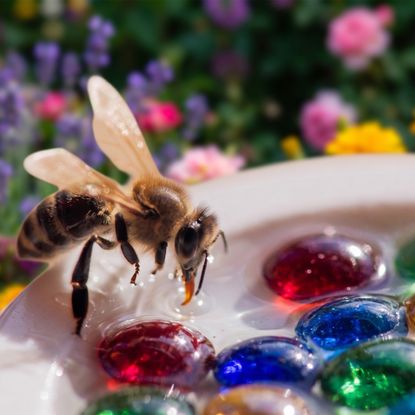 AI edited image of bee drinking from a water filled saucer in the garden