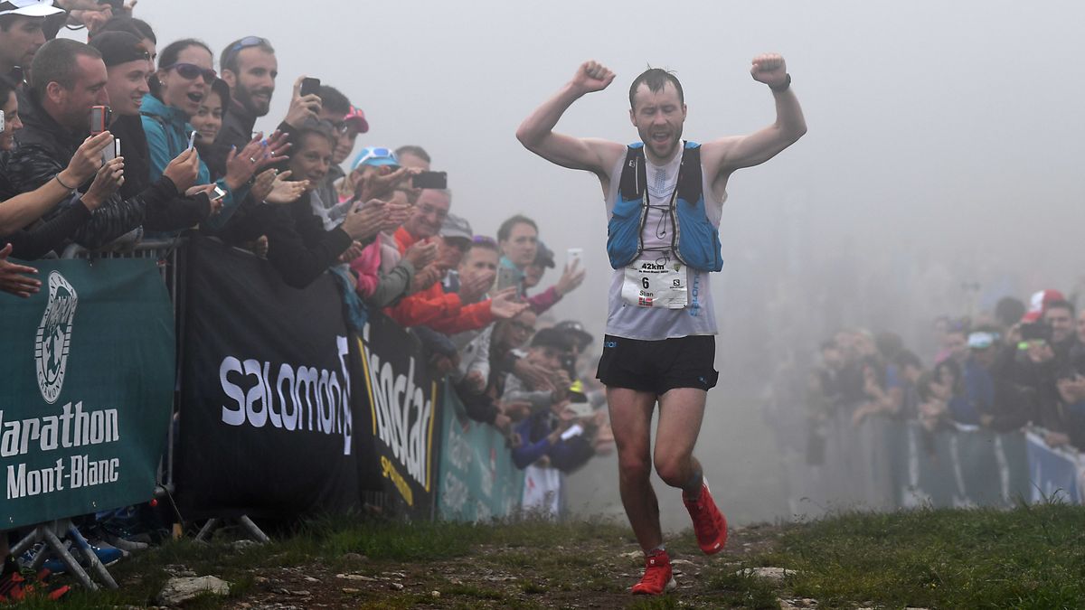 Norway&#039;s Stian Angermund-Vik crosses the finish of the race during the 15th edition of the Marathon of Mont-Blanc