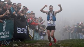 Norway's Stian Angermund-Vik crosses the finish of the race during the 15th edition of the Marathon of Mont-Blanc