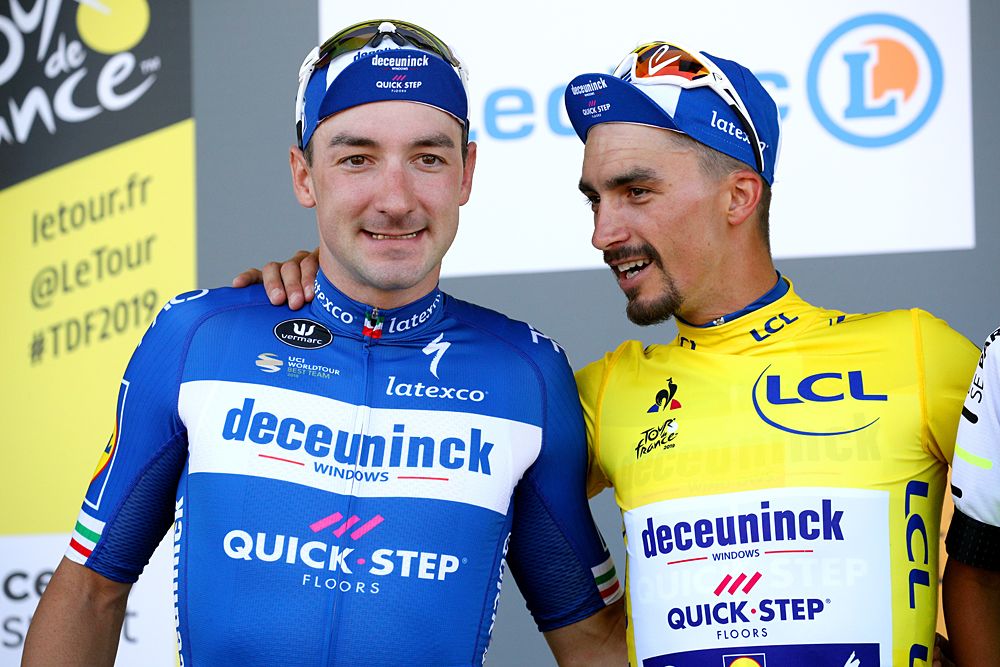 Elia Viviani, stage 4 winner, and Julian Alaphilippe, overall leader, celebrate success at the Tour de France