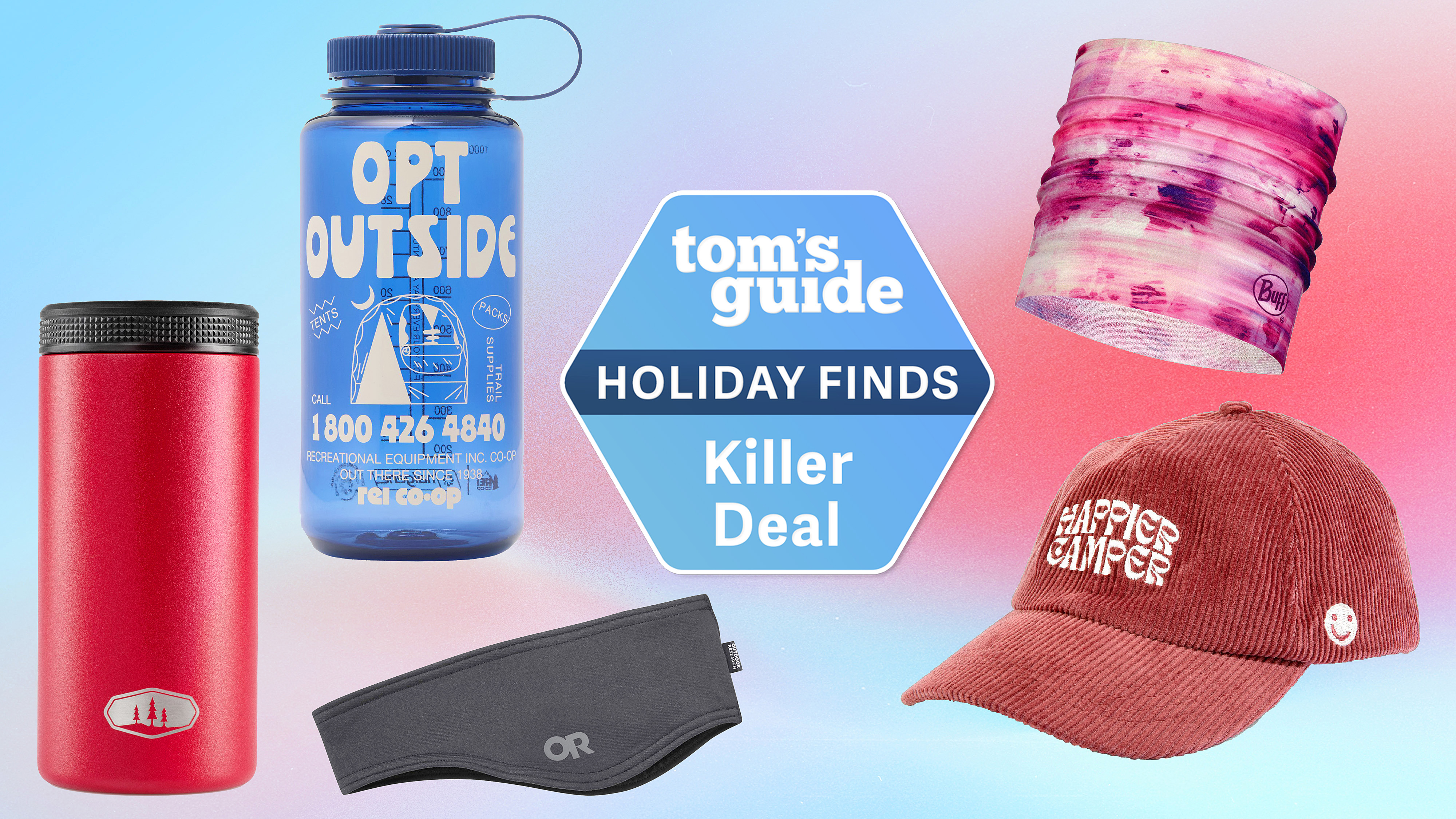 Nalgene 32-ounce, Buff UV neck gaiter, Outdoor Research Earband, GSI Outdoors can cooler, Wondery Hat