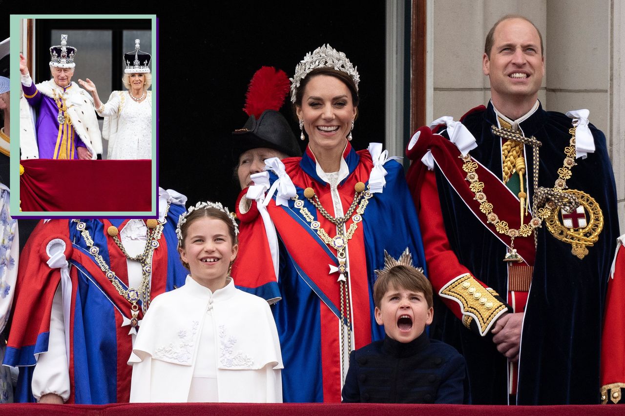 Princess Charlotte, Kate Middleton, Prince Louis and Prince William main on balcony at Buckingham Palace with drop in of King Charles and Queen Camilla from Coronation