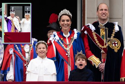 Princess charlotte, Kate Middleton, Prince Louis and Prince William main on balcony at Buckingham Palace with drop in of King Charles and Queen Camilla from Coronation