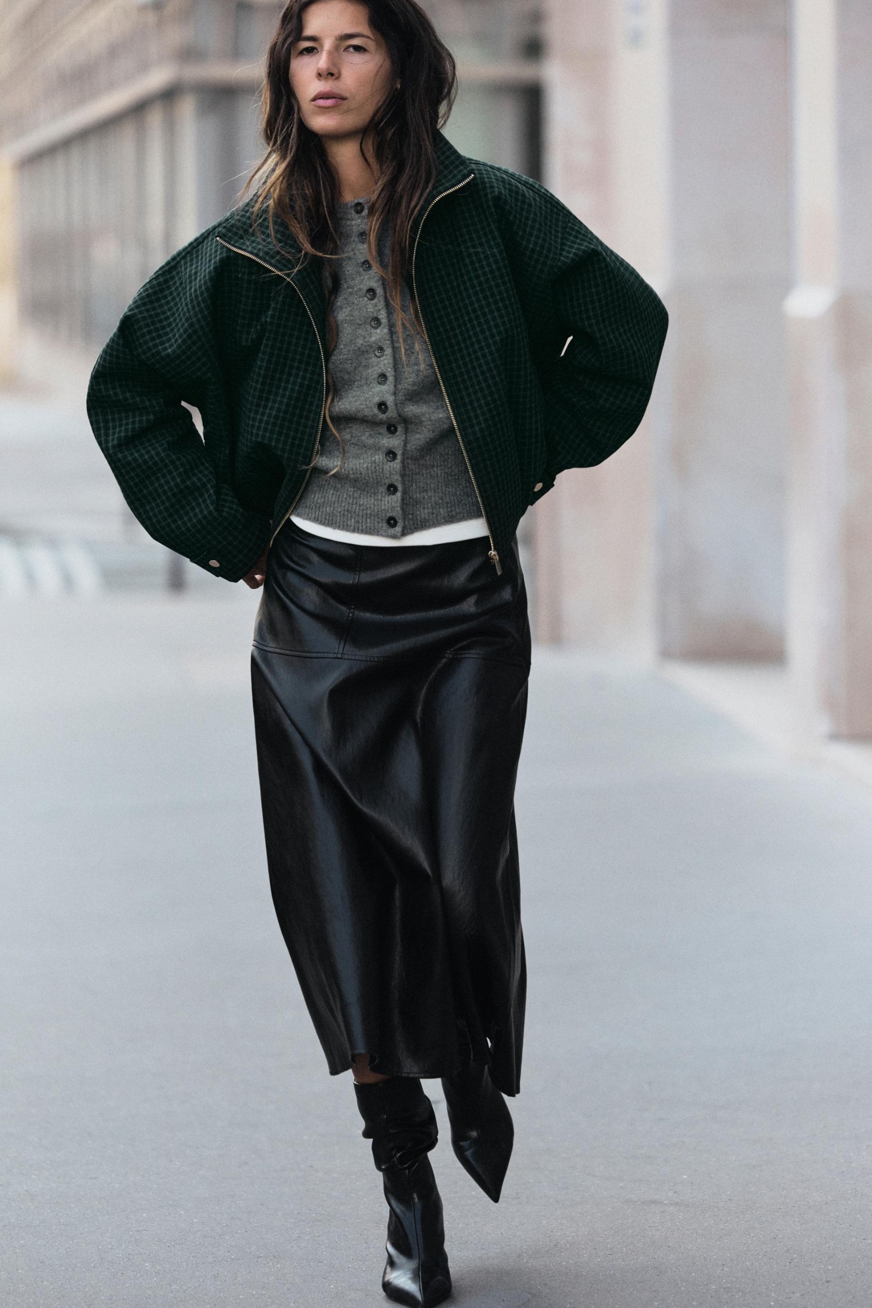 Leather-Effect Layered Midi Skirt - Black - Xs