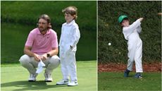 Tommy Fleetwood with his son Frankie at The Masters at Augusta National during the Par 3 Contest