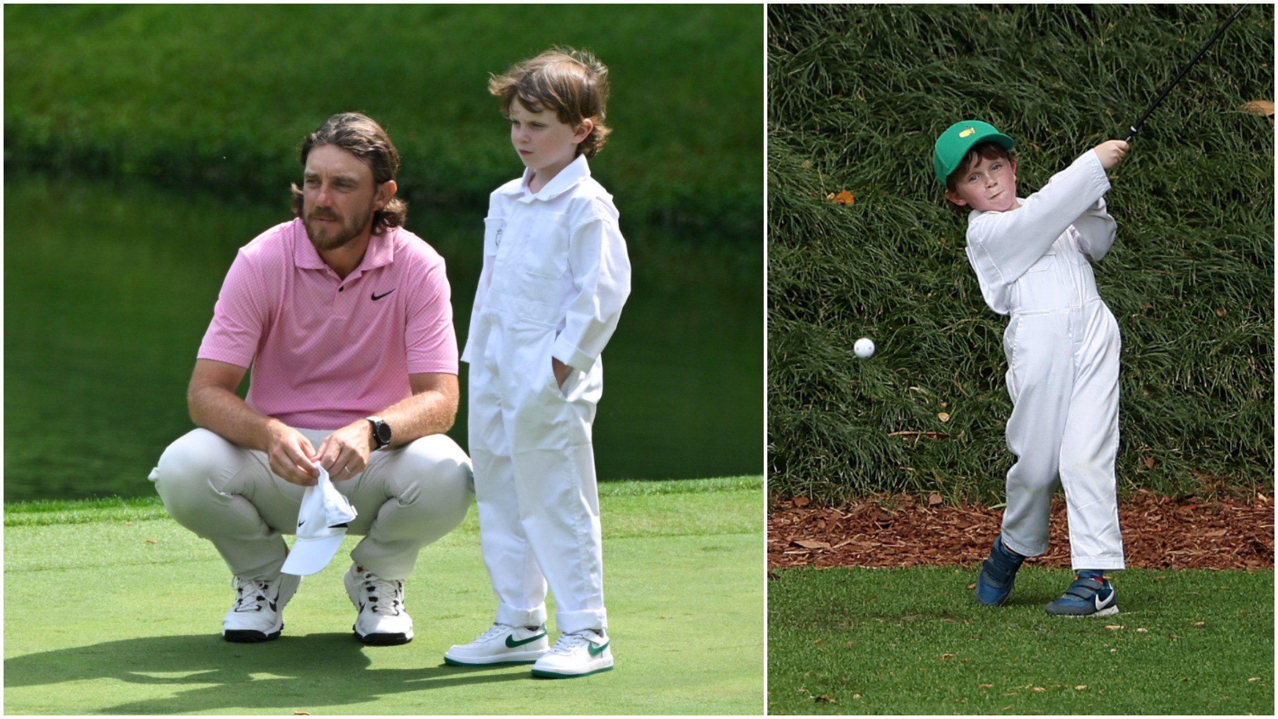 Tommy Fleetwood with his son Frankie at The Masters at Augusta National during the Par 3 Contest