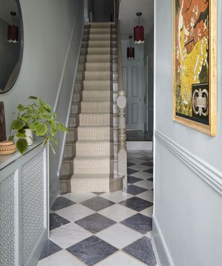 grey hallway with chequered flooring
