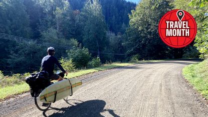 bike riding with surfboard attached