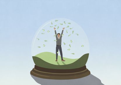 Man inside snow globe throwing money overhead - stock illustration