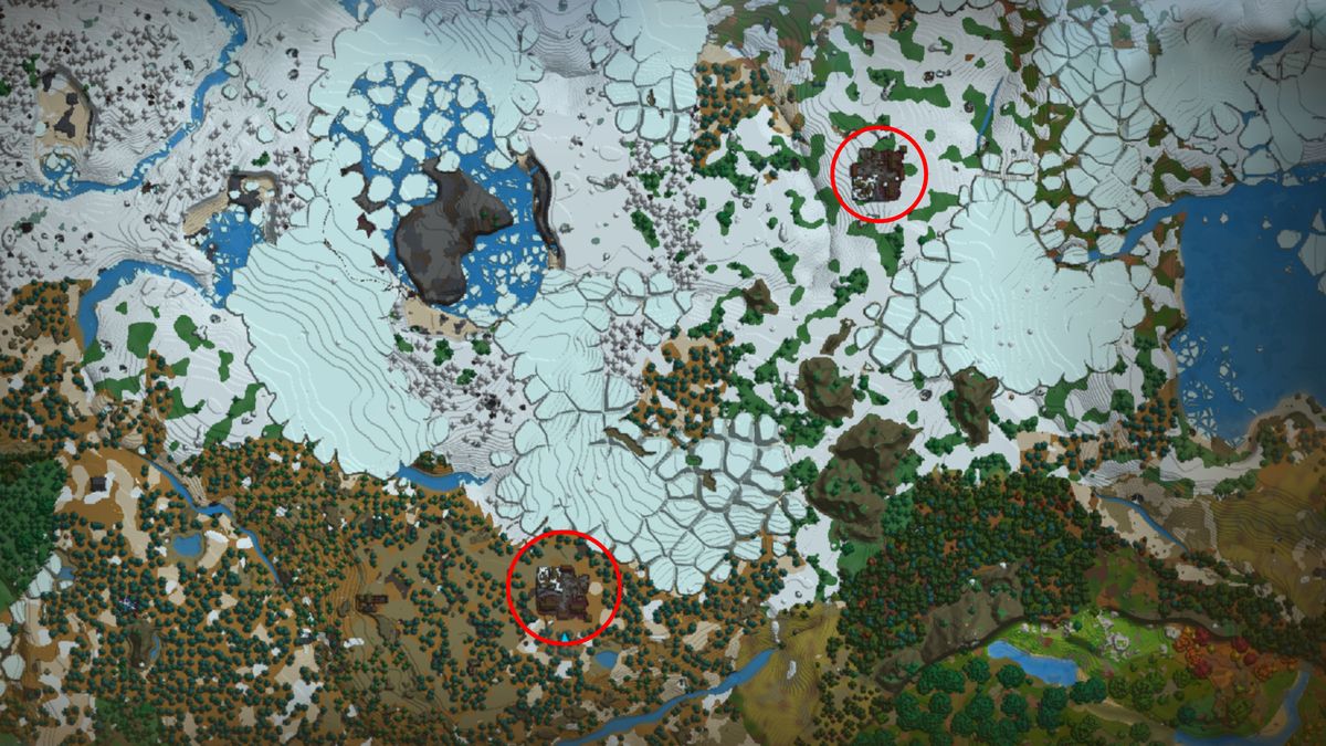 Hytale shadoweave scraps: A map of a Whisperfrost Frontier zone with two red circles highlighting what Outlander villages look like via the map.
