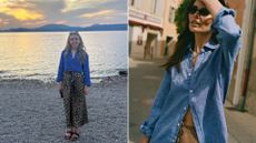 An image of Caroline Parr and a model image, both wearing a blue linen shirt by With Nothing Underneath 