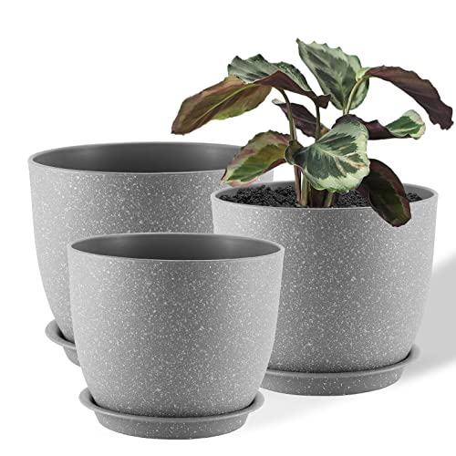 Foragift 25/23/20cm Plant Pots Indoor, 3 Pack Modern Decorative Plastic Planters With Drainage Holes and Tray for House Plants, Grey Speckles