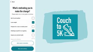 Couch to 5k app logo and screenshot of goals page