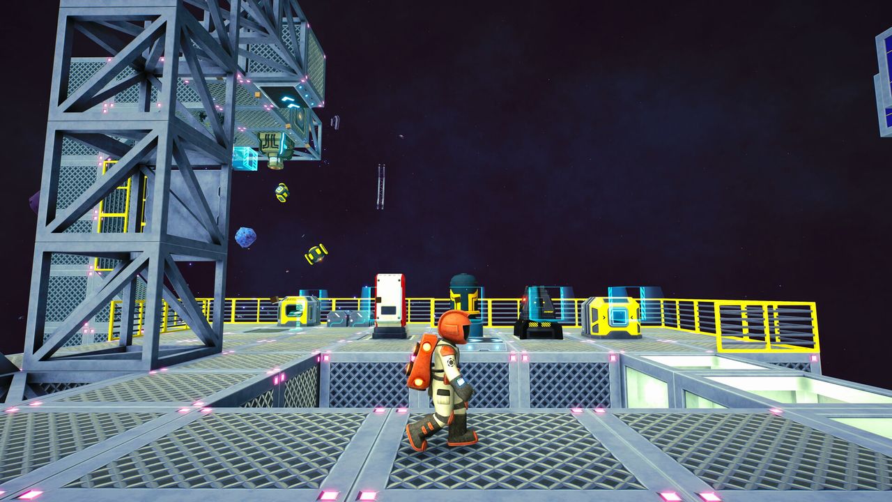 Screenshot of colorful astronaut and environment from Space Trash Scavenger