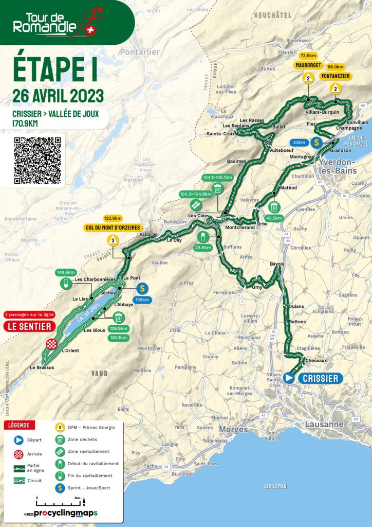 Stage 1 route map for 2023 Tour de Romandie