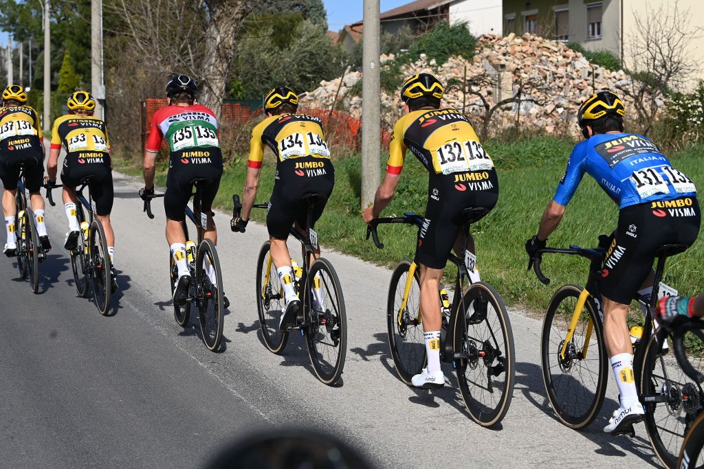 OSIMO ITALY MARCH 11 Primoz Roglic of Slovenia and Team Jumbo Visma Blue Leader Jersey R with teammates compete during the 58th TirrenoAdriatico 2023 Stage 6 a 193km stage from Osimo Stazione to Osimo 252m UCIWT TirrenoAdriatico on March 11 2023 in Osimo Italy Photo by Tim de WaeleGetty Images